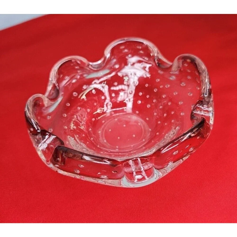 Murano Bubble Ashtray Trinket Bowl VTG Scalloped Bullicante Amethyst Violet Art